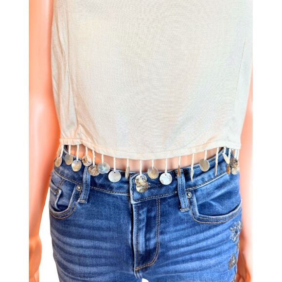 NWT Jason Wu Beige Linen Blend Beaded Shells Crop Top - Picture 3 of 5